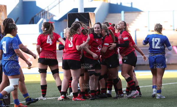 271225 - Gwalia Lightning v Brython Thunder, Celtic Challenge - Gabby Healen of Brython Thunder celebrates team mates after she races in to score try