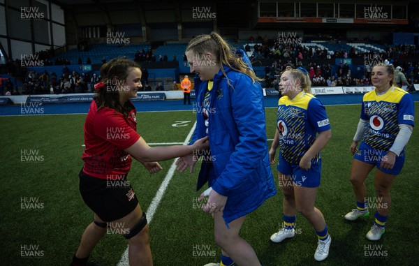 271225 - Gwalia Lightning v Brython Thunder, Celtic Challenge - Branwen Metcalfe of Brython Thunder and Alaw Pyrs of Gwalia Lightning at the end of the match