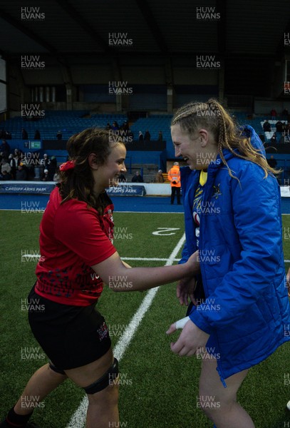 271225 - Gwalia Lightning v Brython Thunder, Celtic Challenge - Branwen Metcalfe of Brython Thunder and Alaw Pyrs of Gwalia Lightning at the end of the match