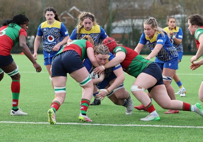 140226 - Gwalia Lightning v Clovers, Celtic Challenge - Alaw Pyrs of Gwalia Lightning is tackled just short of the line