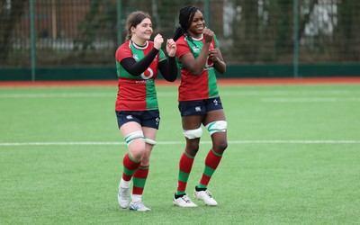 140226 - Gwalia Lightning v Clovers, Celtic Challenge - Jemima Adams Verling of Clovers and Faith Oviawe of Clovers at the end of the match