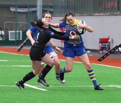 210226 - Gwalia Lightning v Glasgow - Celtic Challenge - Nikita Prothero handing off Rebekah Douglas