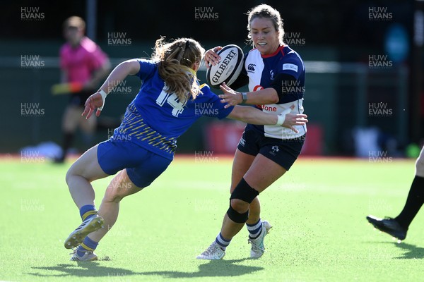 280226 - Gwalia Lightning v Wolfhounds - Celtic Challenge - Stacey Flood of Wolfhounds is challenged by Catherine Richards of Gwalia Lightning