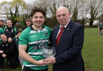 040426 - Caerleon v Gwernyfed RFC, Admiral National League 3 East Presentation - WRU Council member Roy Wilkinson presents Gwernyfed captain Joe Winfield with the  Admiral National League 3 East Trophy