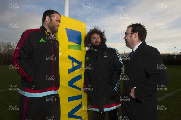 130116 - Harlequins Rugby Training -Jamie Roberts and Adam Jones talk to Media Wales reporter Gareth Griffiths at Harlequins training ground in Guildford, England