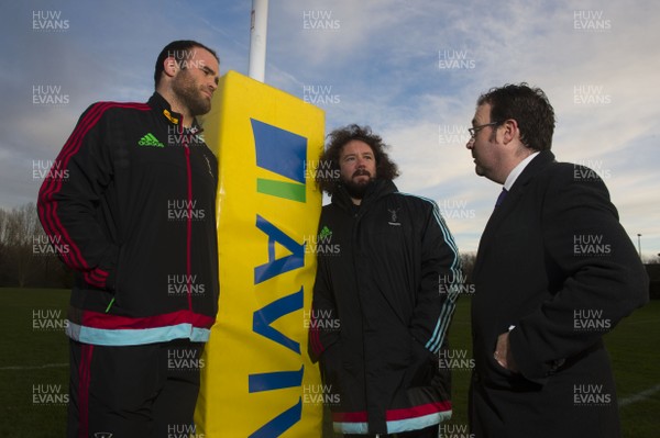 130116 - Harlequins Rugby Training -Jamie Roberts and Adam Jones talk to Media Wales reporter Gareth Griffiths at Harlequins training ground in Guildford, England