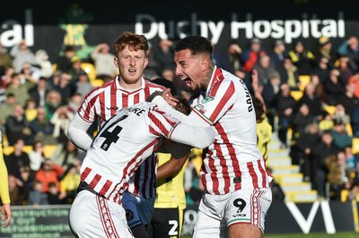 251025 - Harrogate Town v Newport County - Sky Bet League 2 - Courtney Baker-Richardson of Newport County celebrates scoring their first goal with Kai Whitmore of Newport County who provided the assist