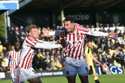 251025 - Harrogate Town v Newport County - Sky Bet League 2 - Courtney Baker-Richardson of Newport County celebrates scoring their first goal with Kai Whitmore of Newport County who provided the assist