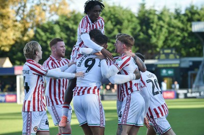 251025 - Harrogate Town v Newport County - Sky Bet League 2 - Courtney Baker-Richardson of Newport County (9) celebrates scoring their first goal with team mates