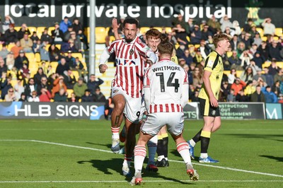 251025 - Harrogate Town v Newport County - Sky Bet League 2 - Courtney Baker-Richardson of Newport County celebrates scoring their first goal with Kai Whitmore of Newport County who provided the assist
