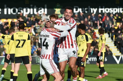 251025 - Harrogate Town v Newport County - Sky Bet League 2 - Courtney Baker-Richardson of Newport County celebrates scoring their first goal with Kai Whitmore of Newport County who provided the assist