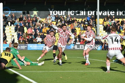 251025 - Harrogate Town v Newport County - Sky Bet League 2 - Courtney Baker-Richardson of Newport County celebrates scoring their first goal
