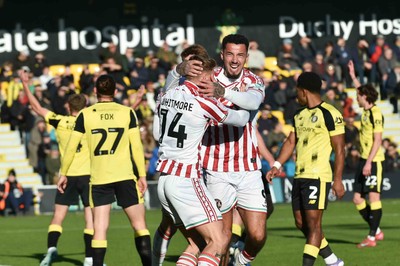 251025 - Harrogate Town v Newport County - Sky Bet League 2 - Courtney Baker-Richardson of Newport County celebrates scoring their first goal with Kai Whitmore of Newport County who provided the assist