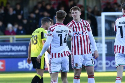 251025 - Harrogate Town v Newport County - Sky Bet League 2 - Kai Whitmore of Newport County celebrates with Ged Garner of Newport County 