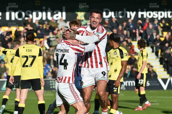 251025 - Harrogate Town v Newport County - Sky Bet League 2 - Courtney Baker-Richardson of Newport County celebrates scoring their first goal with Kai Whitmore of Newport County who provided the assist