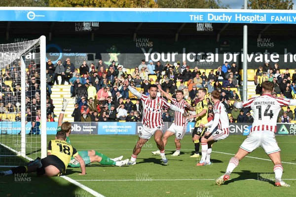251025 - Harrogate Town v Newport County - Sky Bet League 2 - Courtney Baker-Richardson of Newport County celebrates scoring their first goal