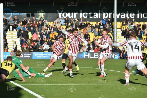 251025 - Harrogate Town v Newport County - Sky Bet League 2 - Courtney Baker-Richardson of Newport County celebrates scoring their first goal