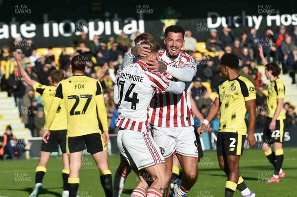 251025 - Harrogate Town v Newport County - Sky Bet League 2 - Courtney Baker-Richardson of Newport County celebrates scoring their first goal with Kai Whitmore of Newport County who provided the assist