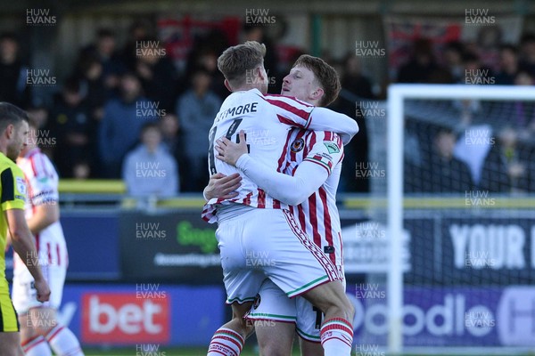 251025 - Harrogate Town v Newport County - Sky Bet League 2 - Kai Whitmore of Newport County celebrates with Ged Garner of Newport County 