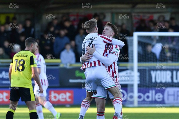 251025 - Harrogate Town v Newport County - Sky Bet League 2 - Kai Whitmore of Newport County celebrates with Ged Garner of Newport County 