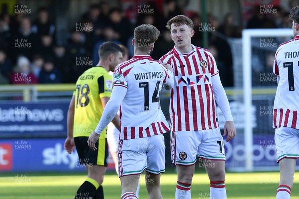 251025 - Harrogate Town v Newport County - Sky Bet League 2 - Kai Whitmore of Newport County celebrates with Ged Garner of Newport County 