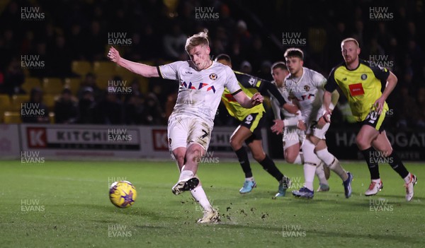 270224 - Harrogate Town v Newport County - Sky Bet League 2 - Will Evans of Newport County scores from a penalty