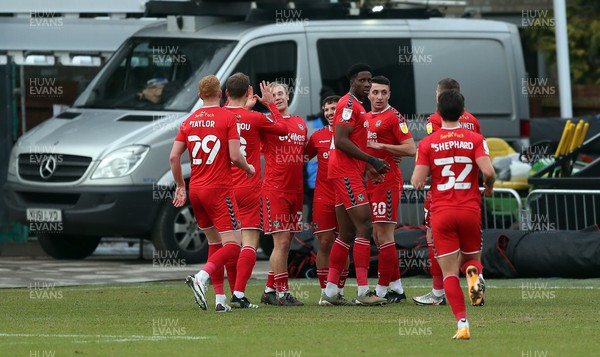 300121 - Harrogate Town v Newport County - Sky Bet League 2 - Luke Gambin of Newport County celebrates with team mates after putting his team 1-0 up