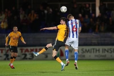 121121 - Hartlepool United v Newport County - EFL SkyBet League 2 - Newport County's Finn Azaz contests a header with Mark Shelton