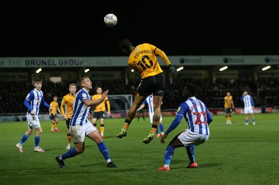 121121 - Hartlepool United v Newport County - EFL SkyBet League 2 - Courtney Baker-Richardson of Newport County wins a header from Hartlepool United's David Ferguson and Zaine Francis-Angol 