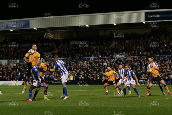 121121 - Hartlepool United v Newport County - EFL SkyBet League 2 - Newport County's Mickey Demetriou goes up for the ball