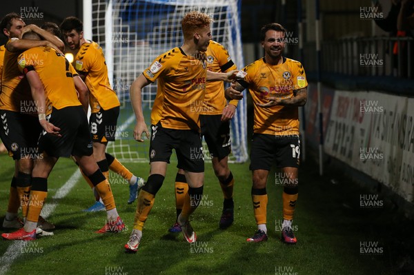 121121 - Hartlepool United v Newport County - EFL SkyBet League 2 - Newport County's players celebrate with Dom Telford (r) after he scored their second goal