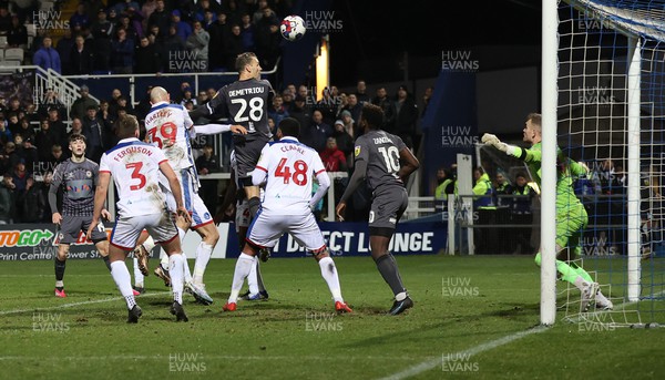 210223 - Hartlepool United v Newport County - Sky Bet League 2 - Mickey Demetriou of Newport County heads the ball into the net for the winner