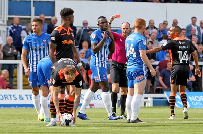 270816 - Hartlepool United vs Newport County - SkyBet League 2 -Toto Nsiala of Hartlepool is red carded as Sean Rigg lines up his free kick