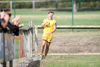 060925 - Hartpury College v Dragons RFC - Preseason Friendly - Rhys Cole of Dragons celebrates scoring a try