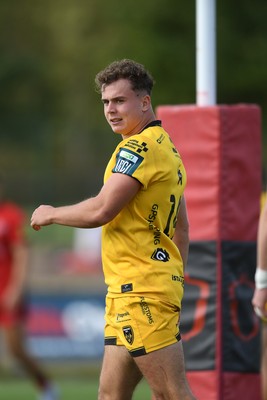 060925 - Hartpury College v Dragons RFC - Preseason Friendly - Rhys Cole of Dragons celebrates scoring a try