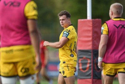 060925 - Hartpury College v Dragons RFC - Preseason Friendly - Rhys Cole of Dragons celebrates scoring a try