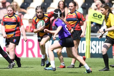 060525 - Haverfordwest High v Ysgol Godrer Berwyn - Girls Schools U12s Cup Final - Fflur Roberts of Ysgol Godrer Berwyn is challenged by Hallie Brick of Haverfordwest