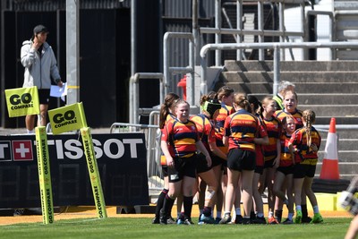 060525 - Haverfordwest High v Ysgol Godrer Berwyn - Girls Schools U12s Cup Final - Cadi Evans of Ysgol Godrer Berwyn celebrates scoring a try with team mates