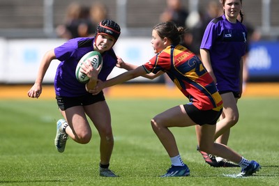 060525 - Haverfordwest High v Ysgol Godrer Berwyn - Girls Schools U12s Cup Final - Grace Busby of Haverfordwest is challenged by Cadi Evans of Ysgol Godrer Berwyn