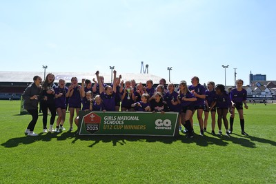060525 - Haverfordwest High v Ysgol Godrer Berwyn - Girls Schools U12s Cup Final - Haverfordwest celebrate lifting the trophy