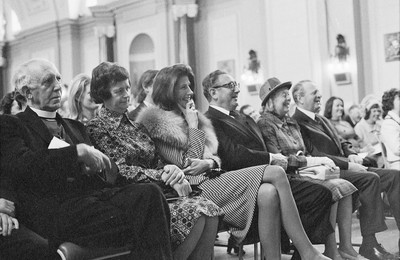 060375 - Dr Henry Kissinger visit to Cardiff for the ceremony to give Jim Callaghan the Freedom of the City  The US Secretary of State, Dr Henry Kissinger and his wife Nancy  watch the ceremony giving the Freedom of the City of Cardiff to Foreign Secretary Jim Callaghan Sitting next to Nancy Kissinger is Jim Callaghan's wife Audrey and next to Dr Henry Kissinger are Sir Cenydd Treharne and Lady Treharne The ceremony was in Cardiff City Hall