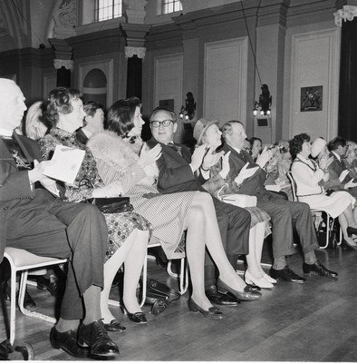 060375 - Dr Henry Kissinger visit to Cardiff for the ceremony to give Jim Callaghan the Freedom of the City  The US Secretary of State, Dr Henry Kissinger and his wife Nancy  watch the ceremony giving the Freedom of the City of Cardiff to Foreign Secretary Jim Callaghan Sitting next to Nancy Kissinger is Jim Callaghan's wife Audrey and next to Dr Henry Kissinger are Sir Cenydd Treharne and Lady Treharne The ceremony was in Cardiff City Hall