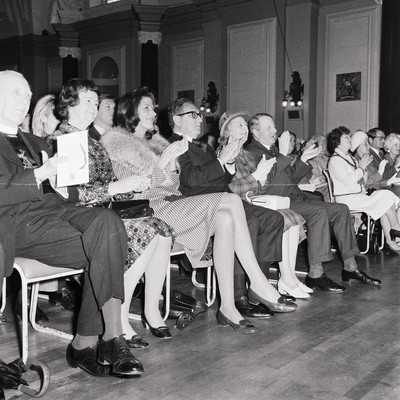 060375 - Dr Henry Kissinger visit to Cardiff for the ceremony to give Jim Callaghan the Freedom of the City  The US Secretary of State, Dr Henry Kissinger and his wife Nancy  watch the ceremony giving the Freedom of the City of Cardiff to Foreign Secretary Jim Callaghan Sitting next to Nancy Kissinger is Jim Callaghan's wife Audrey and next to Dr Henry Kissinger are Sir Cenydd Treharne and Lady Treharne The ceremony was in Cardiff City Hall