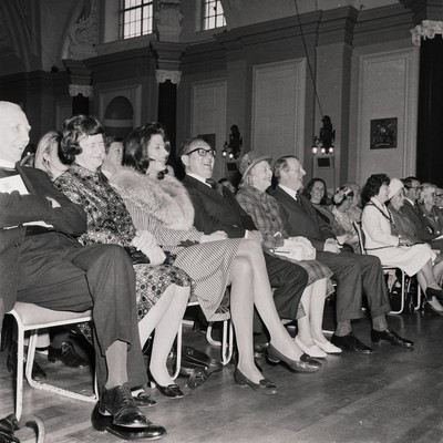 060375 - Dr Henry Kissinger visit to Cardiff for the ceremony to give Jim Callaghan the Freedom of the City  The US Secretary of State, Dr Henry Kissinger and his wife Nancy  watch the ceremony giving the Freedom of the City of Cardiff to Foreign Secretary Jim Callaghan Sitting next to Nancy Kissinger is Jim Callaghan's wife Audrey and next to Dr Henry Kissinger are Sir Cenydd Treharne and Lady Treharne The ceremony was in Cardiff City Hall