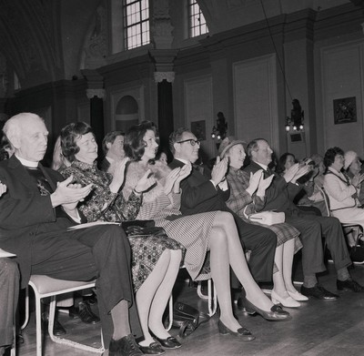 060375 - Dr Henry Kissinger visit to Cardiff for the ceremony to give Jim Callaghan the Freedom of the City  The US Secretary of State, Dr Henry Kissinger and his wife Nancy  watch the ceremony giving the Freedom of the City of Cardiff to Foreign Secretary Jim Callaghan Sitting next to Nancy Kissinger is Jim Callaghan's wife Audrey and next to Dr Henry Kissinger are Sir Cenydd Treharne and Lady Treharne The ceremony was in Cardiff City Hall