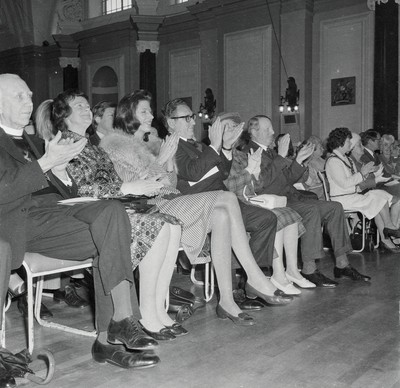 060375 - Dr Henry Kissinger visit to Cardiff for the ceremony to give Jim Callaghan the Freedom of the City  The US Secretary of State, Dr Henry Kissinger and his wife Nancy  watch the ceremony giving the Freedom of the City of Cardiff to Foreign Secretary Jim Callaghan Sitting next to Nancy Kissinger is Jim Callaghan's wife Audrey and next to Dr Henry Kissinger are Sir Cenydd Treharne and Lady Treharne The ceremony was in Cardiff City Hall