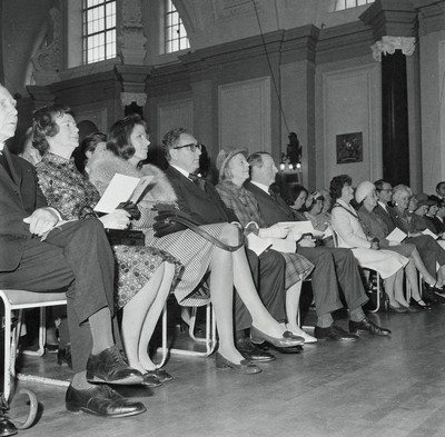 060375 - Dr Henry Kissinger visit to Cardiff for the ceremony to give Jim Callaghan the Freedom of the City  The US Secretary of State, Dr Henry Kissinger and his wife Nancy  watch the ceremony giving the Freedom of the City of Cardiff to Foreign Secretary Jim Callaghan Sitting next to Nancy Kissinger is Jim Callaghan's wife Audrey and next to Dr Henry Kissinger are Sir Cenydd Treharne and Lady Treharne The ceremony was in Cardiff City Hall