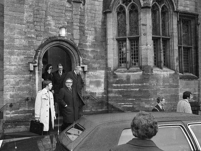 060375 - Dr Henry Kissinger visit to Cardiff for the ceremony to give Jim Callaghan the Freedom of the City  US Secretary of State Dr Henry Kissinger leaves Cardiff Castle with Foreign Secretary Jim Callaghan