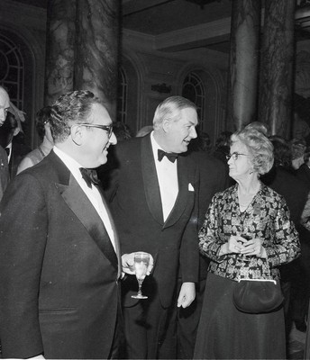 060375 - Dr Henry Kissinger visit to Cardiff for the ceremony to give Jim Callaghan the Freedom of the City  US Secretary of State Dr Henry Kissinger with Foreign Secretary Jim Callaghan meet guests at the banquet in Cardiff City Hall