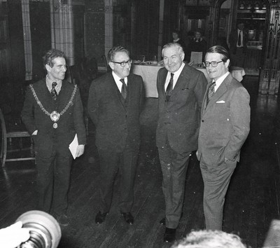 060375 - Dr Henry Kissinger visit to Cardiff for the ceremony to give Jim Callaghan the Freedom of the City  L-rLord Mayor of Cardiff Albert Hush, US Secretary of State Dr Henry Kissinger,Foreign Secretary Jim Callaghan and US Ambassador Elliot Richardson at Cardiff Castle